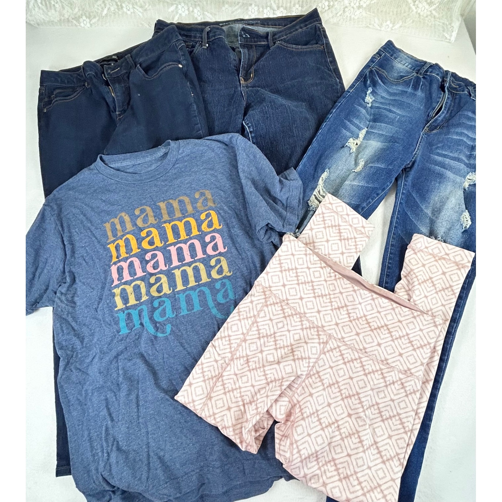 Bundle 5 Pc Women's Large Sz 12 Stretch Denim Bootcut Jeans Comfy Casual Shirts